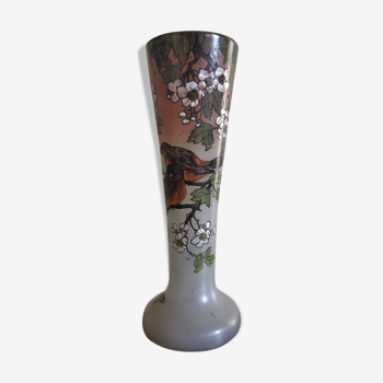 Vase Art nouveau en verre peint emaillé signé Legras