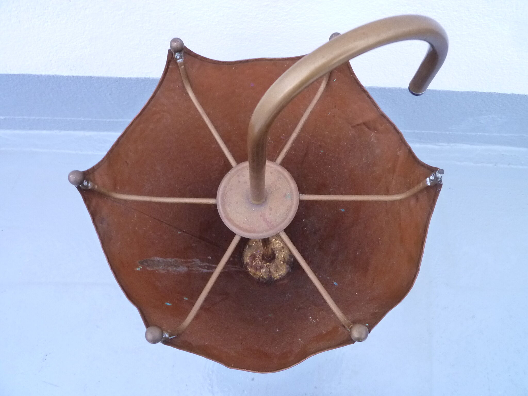 Hammered copper umbrella stand and brass