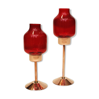 Swedish bronze Candle holder pair with red glassdomes by Gnosjö Konstmide 1960s