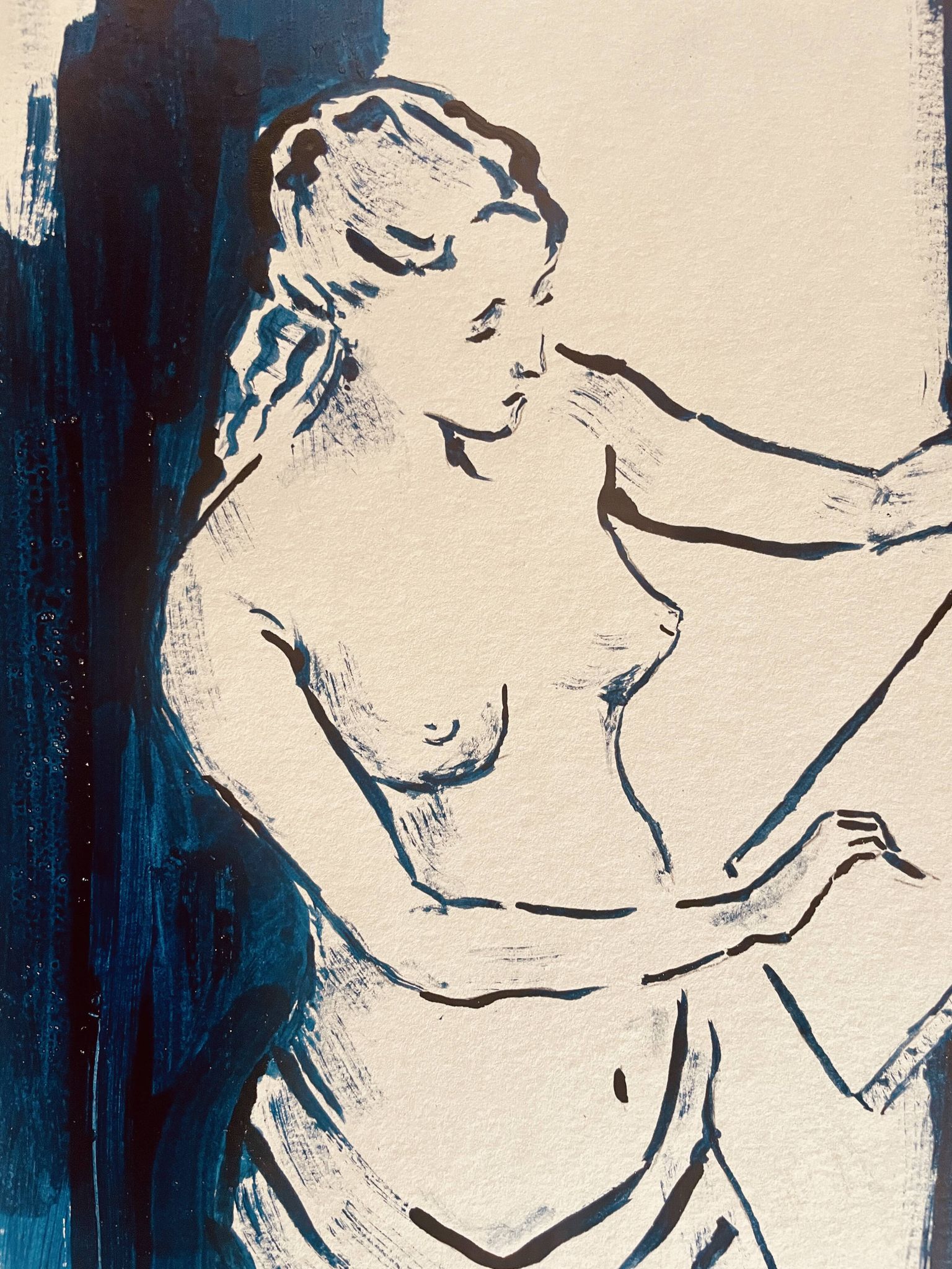 Painting in indigo blue "female model drawing in the studio"