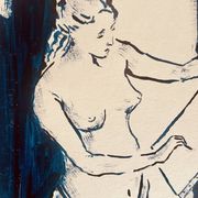 Painting in indigo blue "female model drawing in the studio"