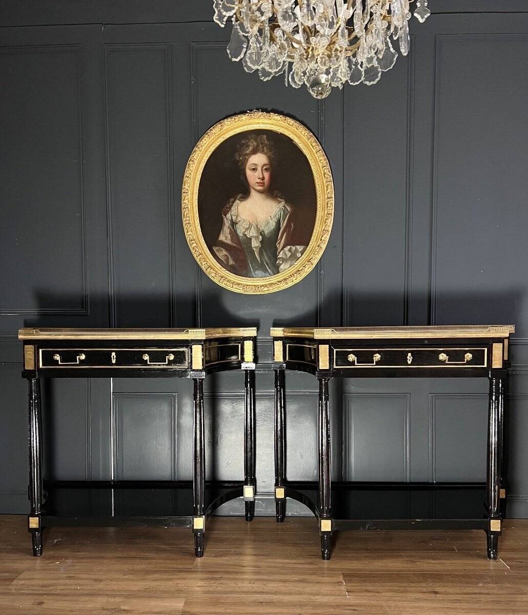 Pair of Louis XVI Style Black Lacquered Wood Console Tables