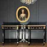 Pair of Louis XVI Style Black Lacquered Wood Console Tables