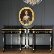 Pair of Louis XVI Style Black Lacquered Wood Console Tables