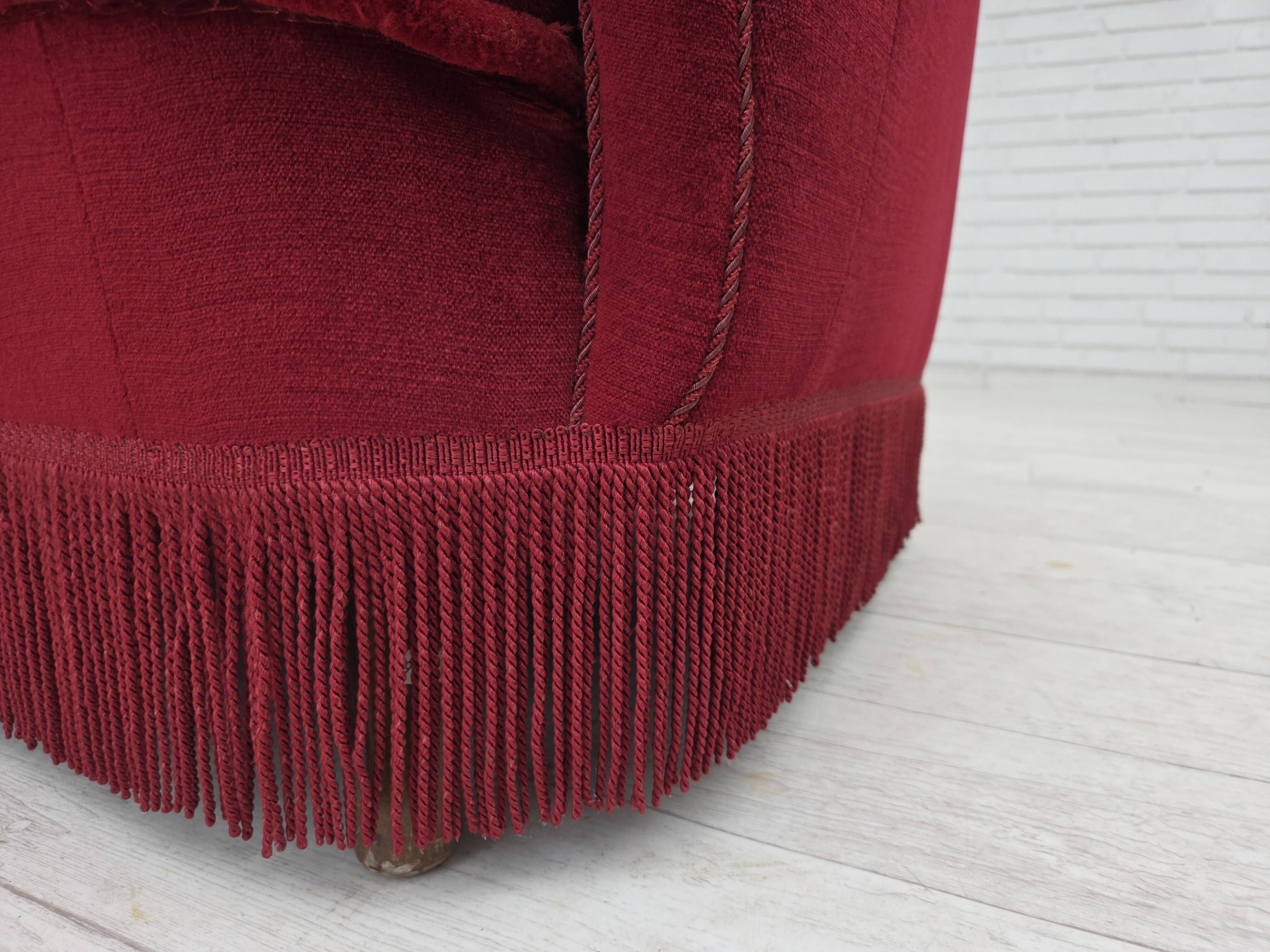 1960s, Danish 3-seater curved sofa, red furniture velour