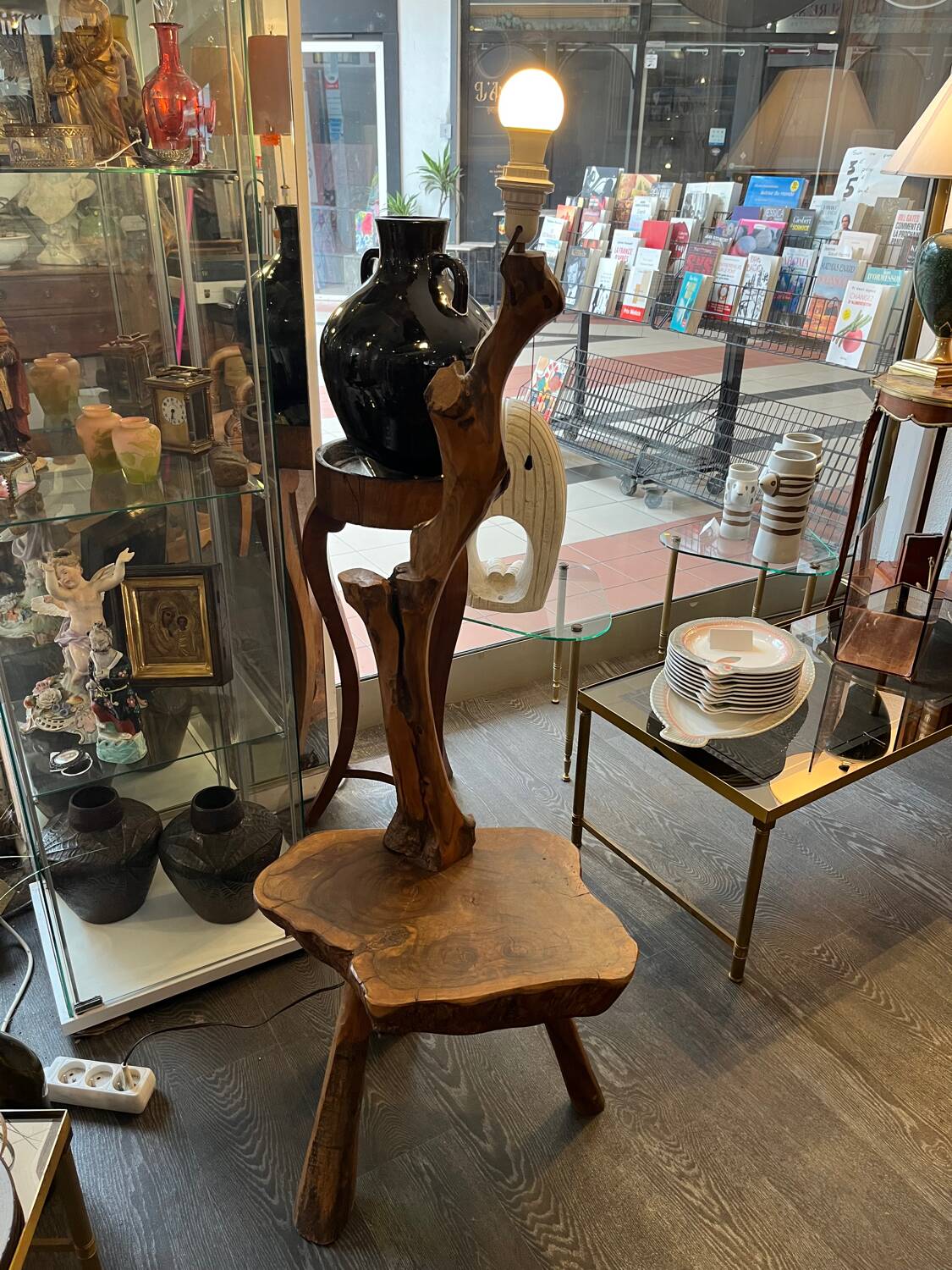 Vintage solid olive wood brutalizer floor lamp