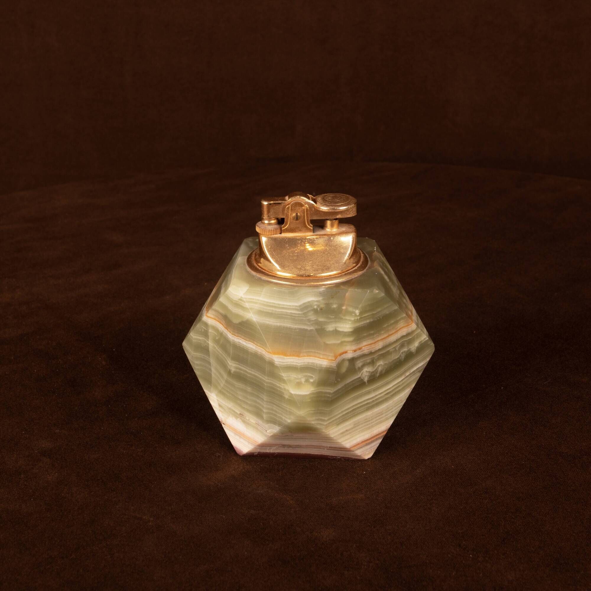 Italian Geometric Green Onyx and Brass Table Lighter, 1970
