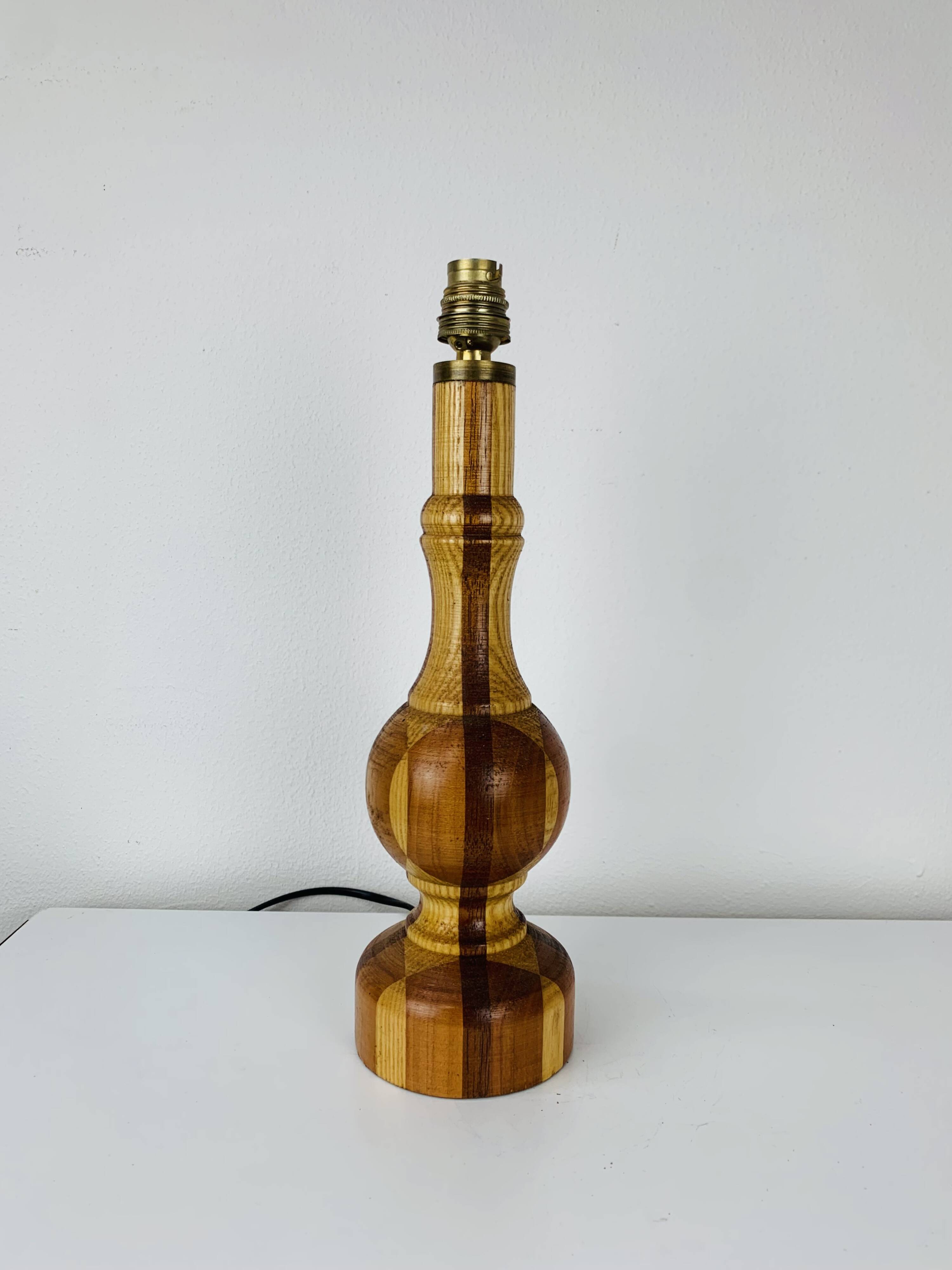 Vintage turned wood lamp, silk lampshade