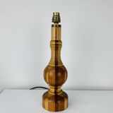 Vintage turned wood lamp, silk lampshade