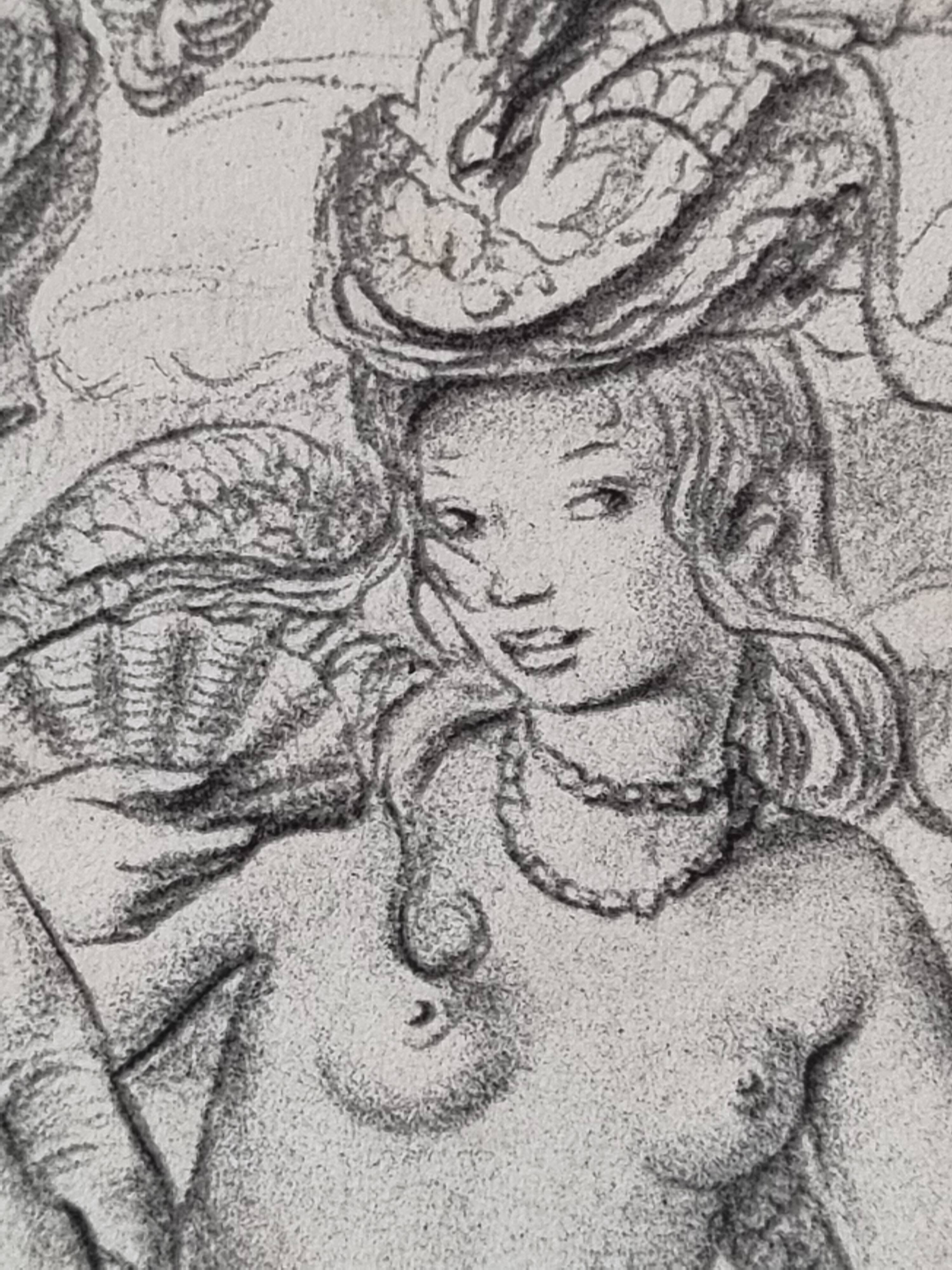 Engraving "Sirens" attributed to Suzanne Ballivet, framed under glass, 19 x 14 cm