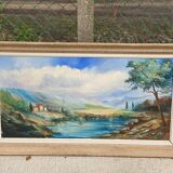 Oil painting on canvas, mount and lake, signed Huet 100x50