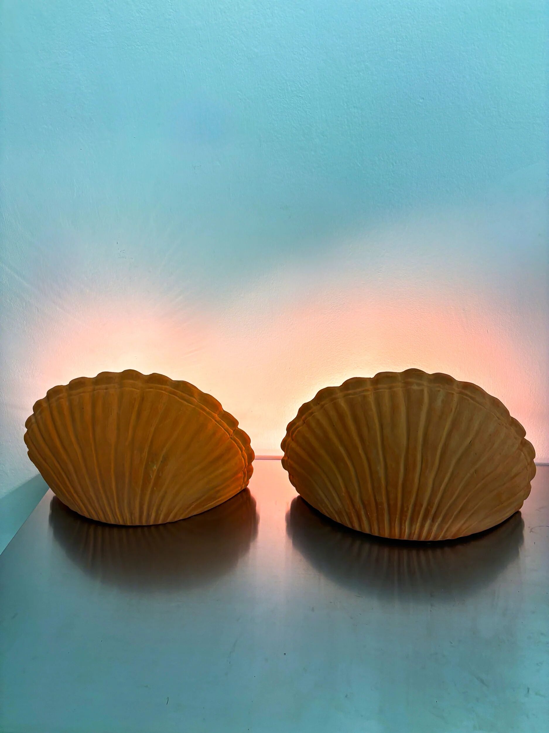 Pair of vintage Italian shell wall sconces, large terracotta sculptures, 1980s