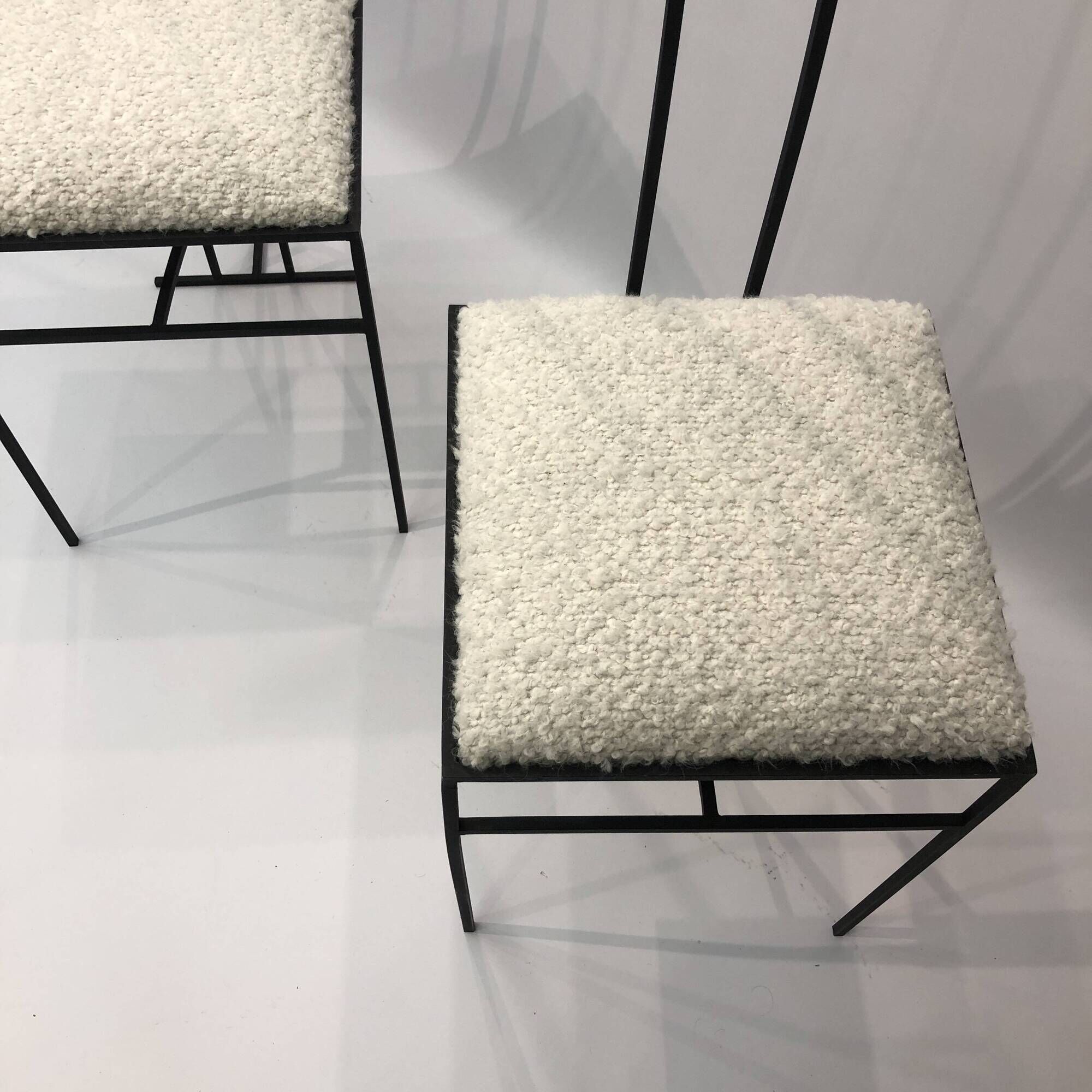 Pair of Postmodern High Back Black Metal Side Chairs in Boucle 1980s Vintage 70s