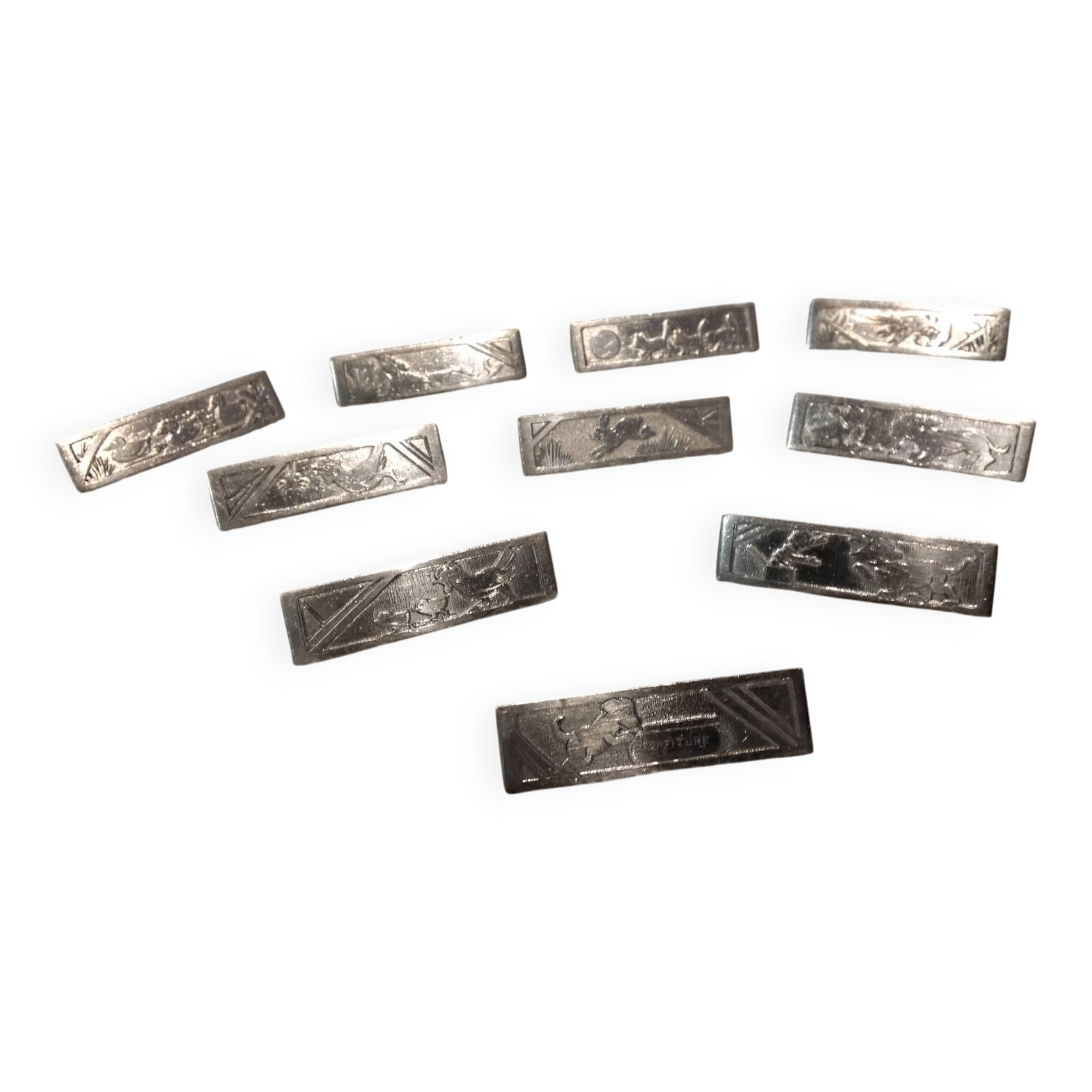 10 silver-plated metal knife and card holders, art deco style, Rabier