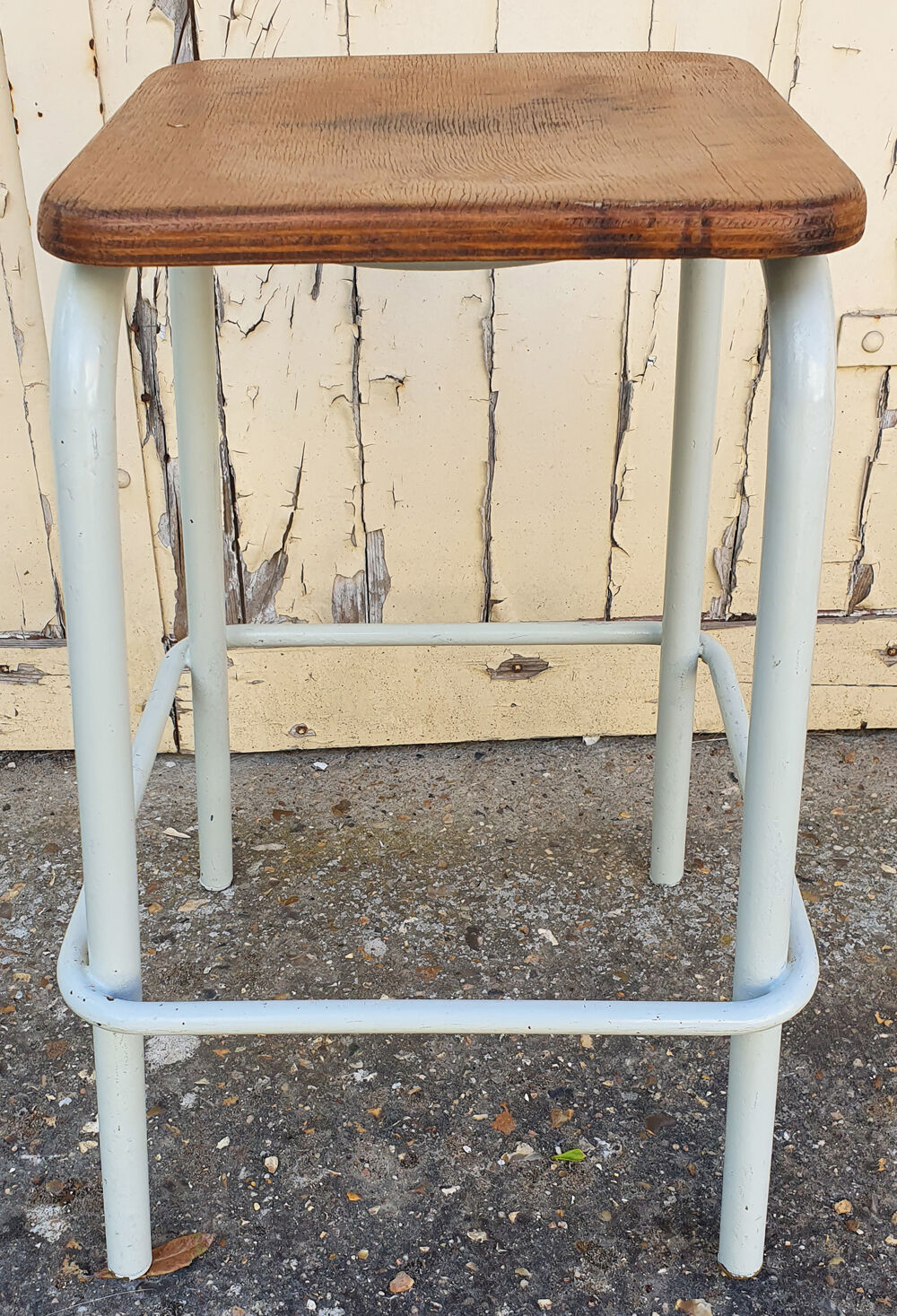 Tabouret industriel carré blanc bois et métal vintage