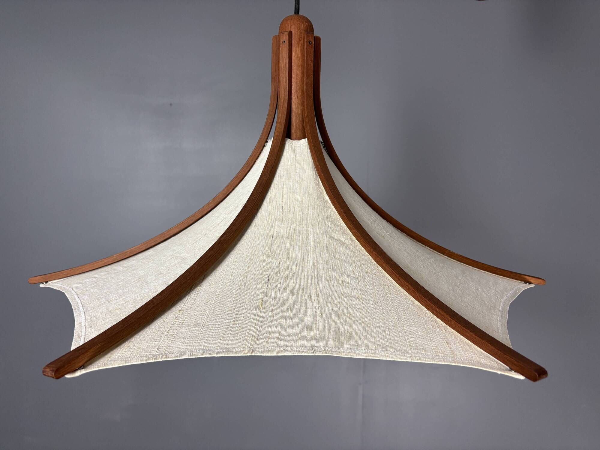 Teak And Linen Umbrella Counter Balance Pendant By Domus, 1970s