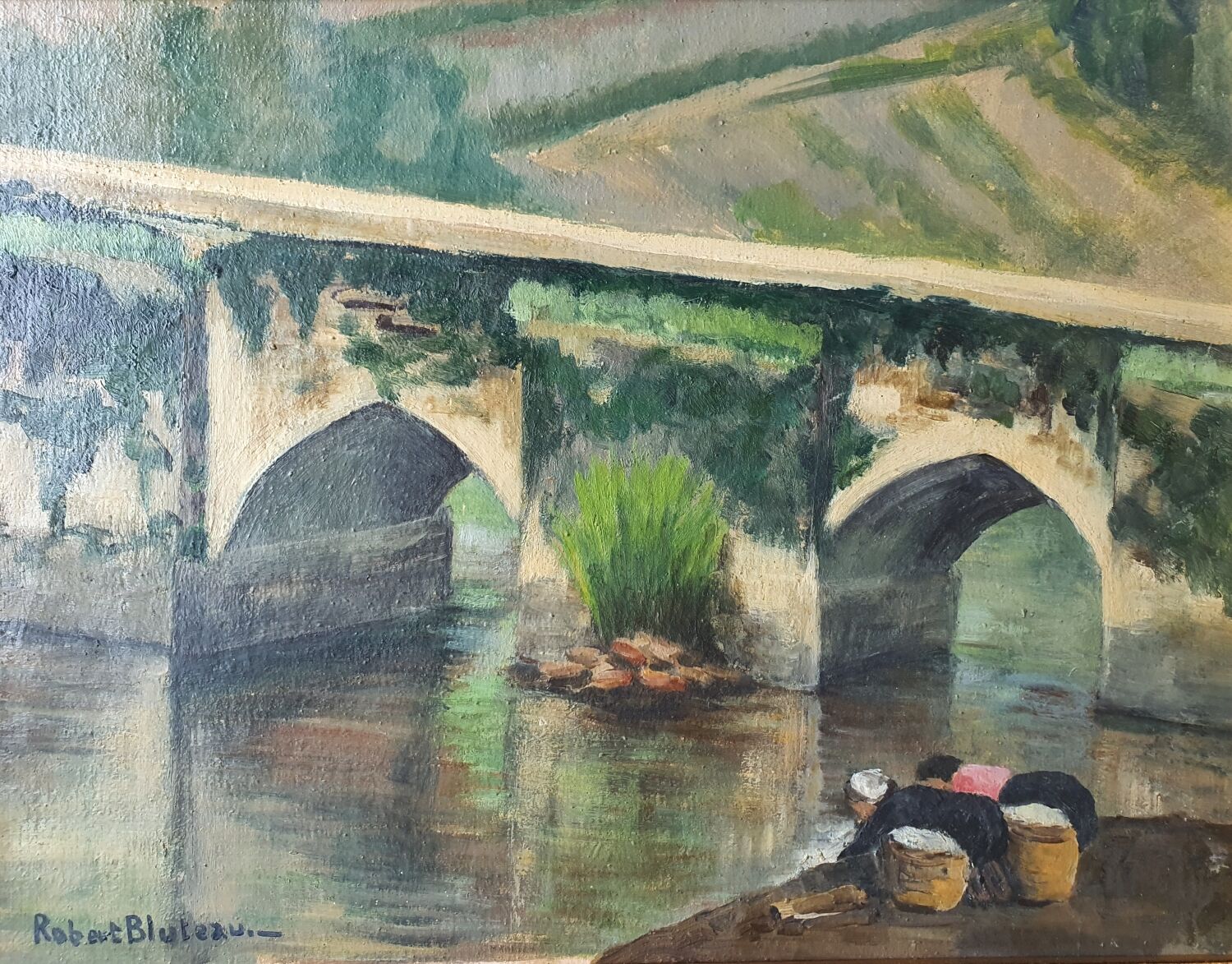 Old painting washerwomen in Brittany signed Robert Bluteau