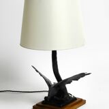 1940s table lamp made of iron in the shape of an eagle, teak wooden base