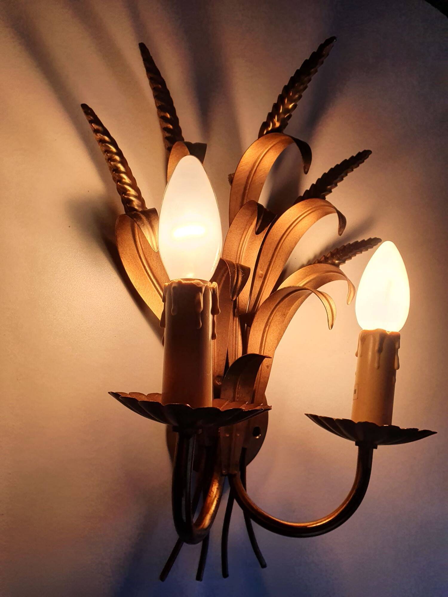 Pair of antique gold wall sconces with wheat ear motif