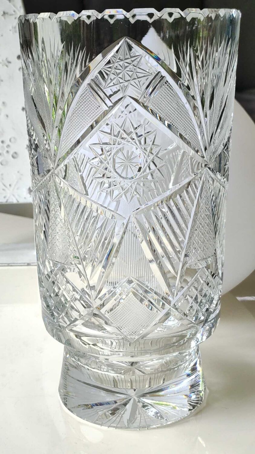 Vintage Bohemian crystal vase, sophisticated, geometric star patterns, high 25 cm