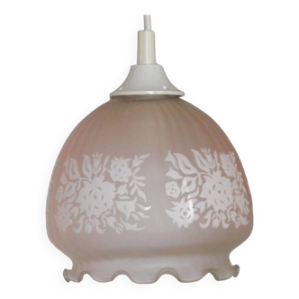 Plafonnier suspendu vintage français en verre rose pâle décoré de fleurs 4719