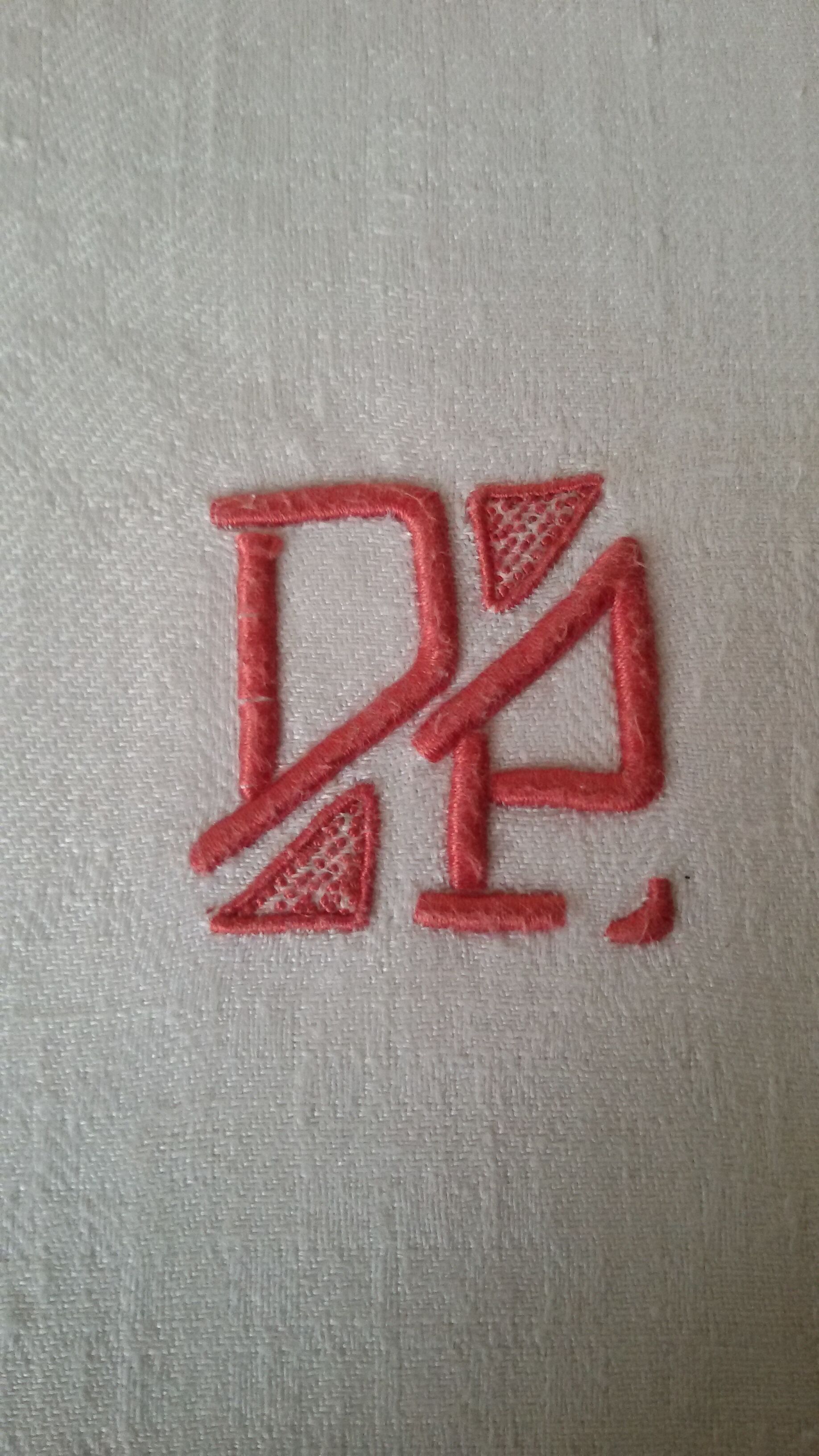 Set of six damask cotton towels monogrammed D P Red