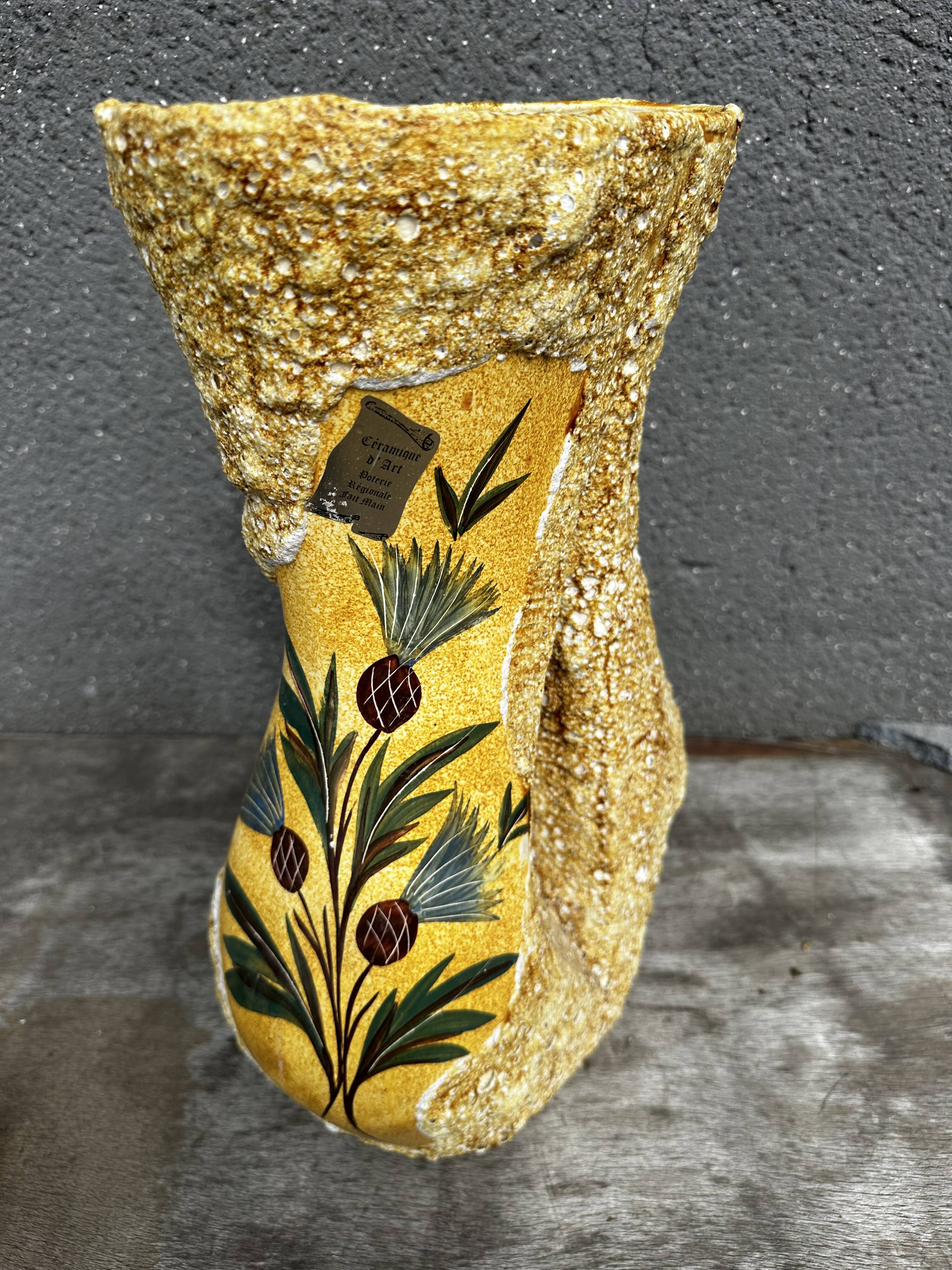 Large Glazed Ceramic Vase with Floral and Fat Lava Decor - Vallauris