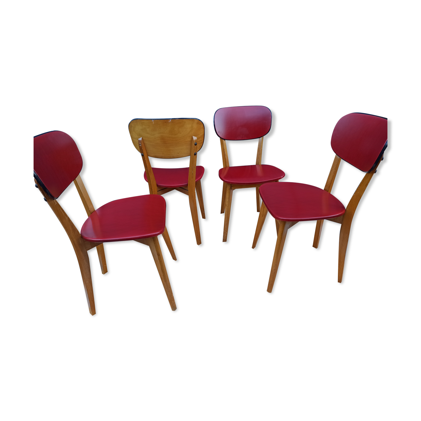 Set of 4 chairs in red skaï kitchen wood chair