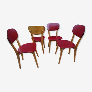 Set of 4 chairs in red skaï kitchen wood chair