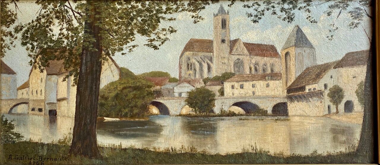 Ancient painting, landscape at the river signed and dated 1946