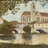 Ancient painting, landscape at the river signed and dated 1946