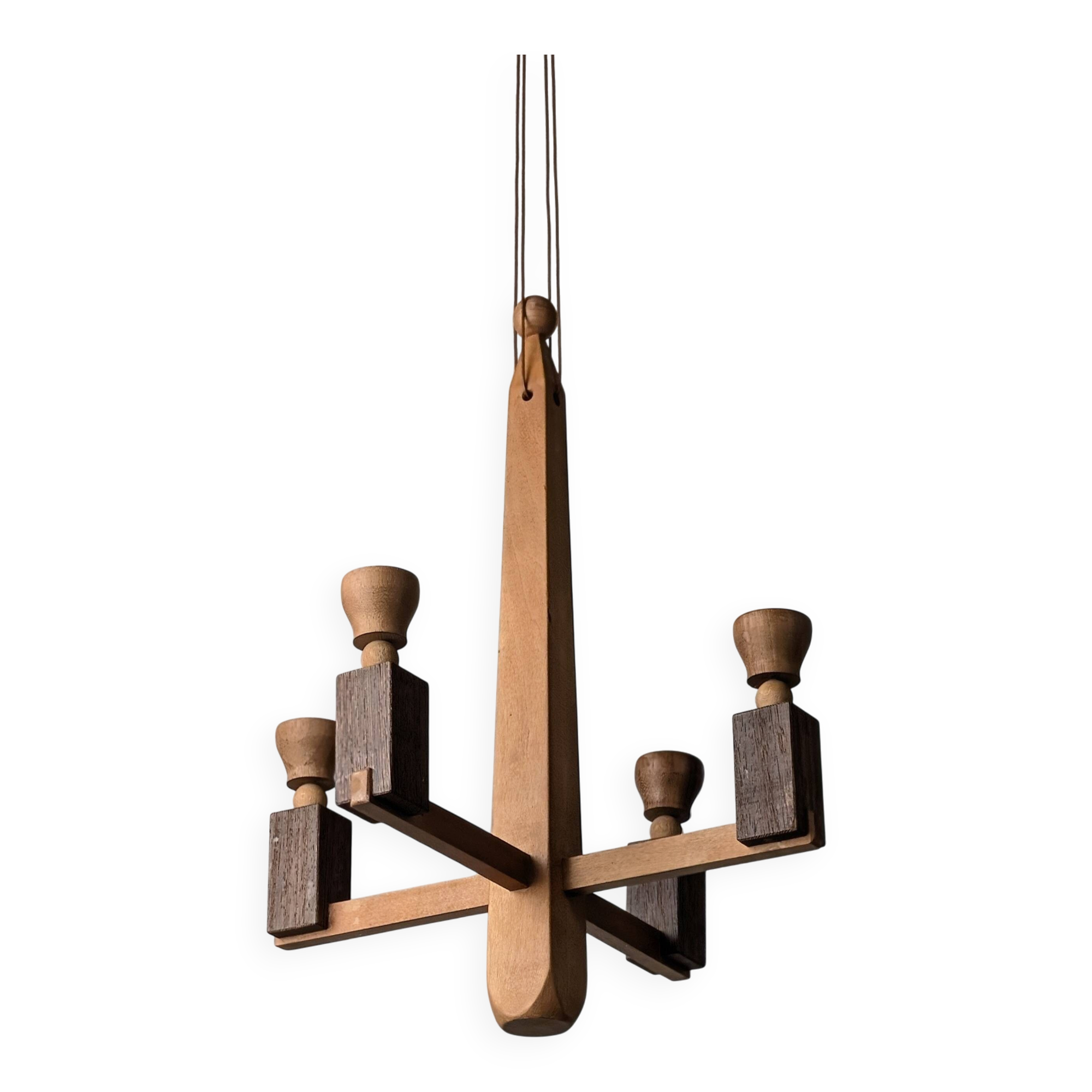 Danish hanging wooden candelabra, Art Deco style, 1970s