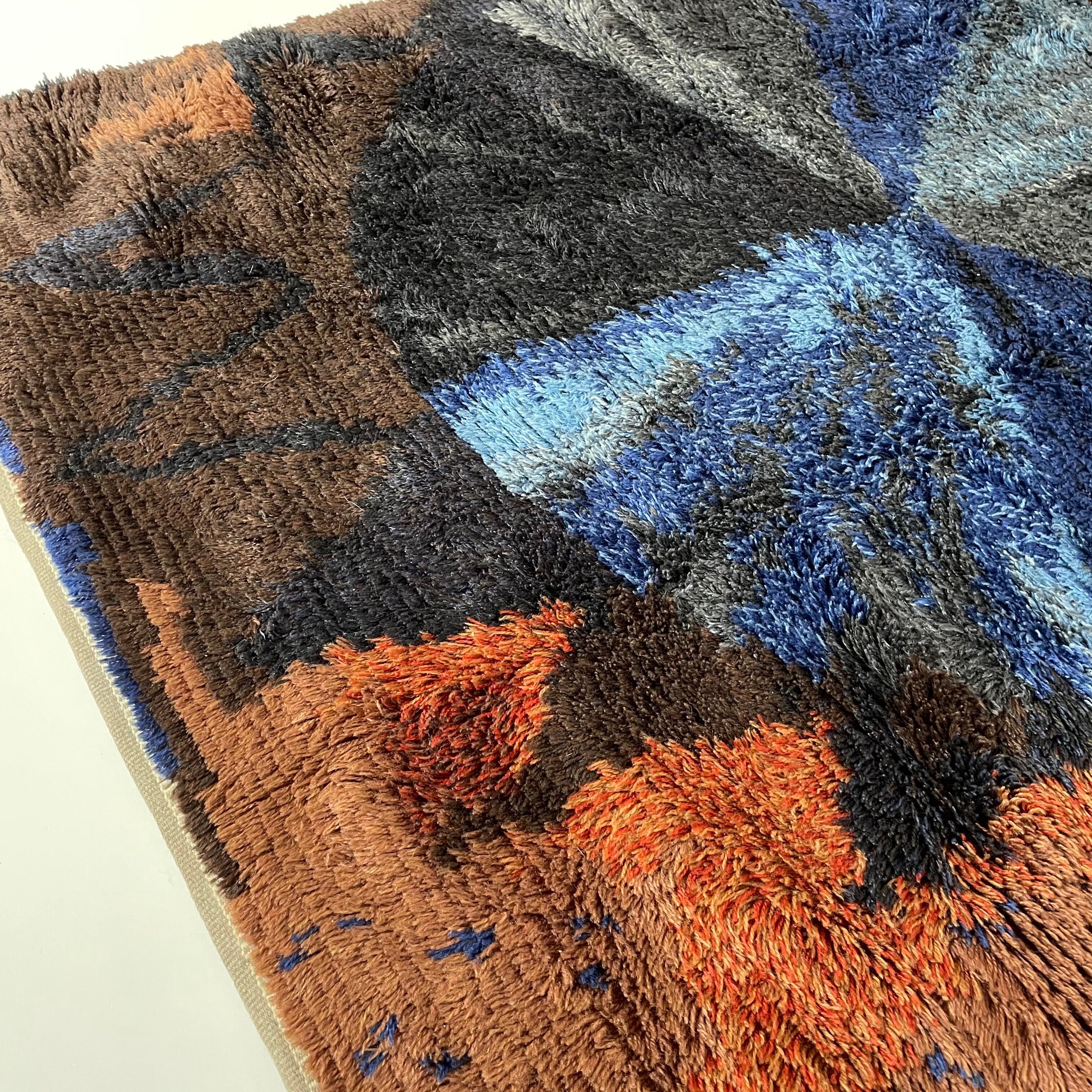 Abstract Scandinavian Multicolor High Pile Rya Rug Carpet, Sweden, 1960s