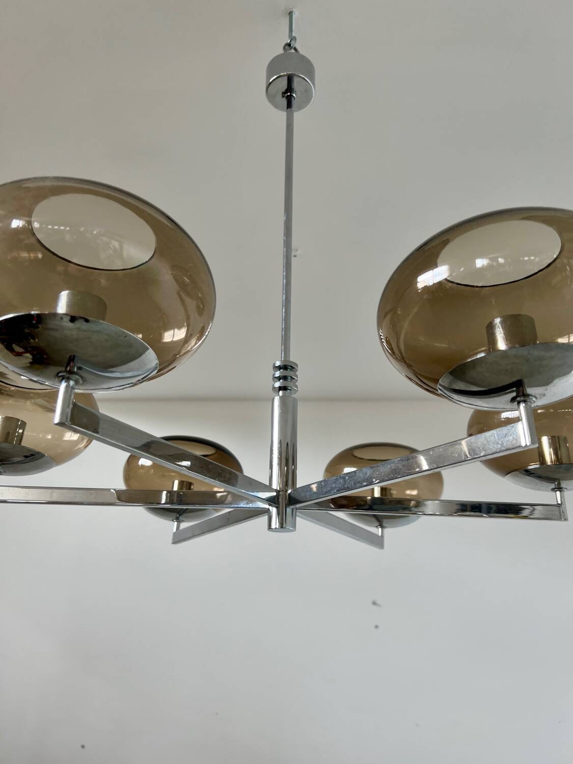 Old 6-light chandelier designed by Sciolari in chrome metal and smoked glass, 70s vintage
