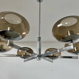 Old 6-light chandelier designed by Sciolari in chrome metal and smoked glass, 70s vintage