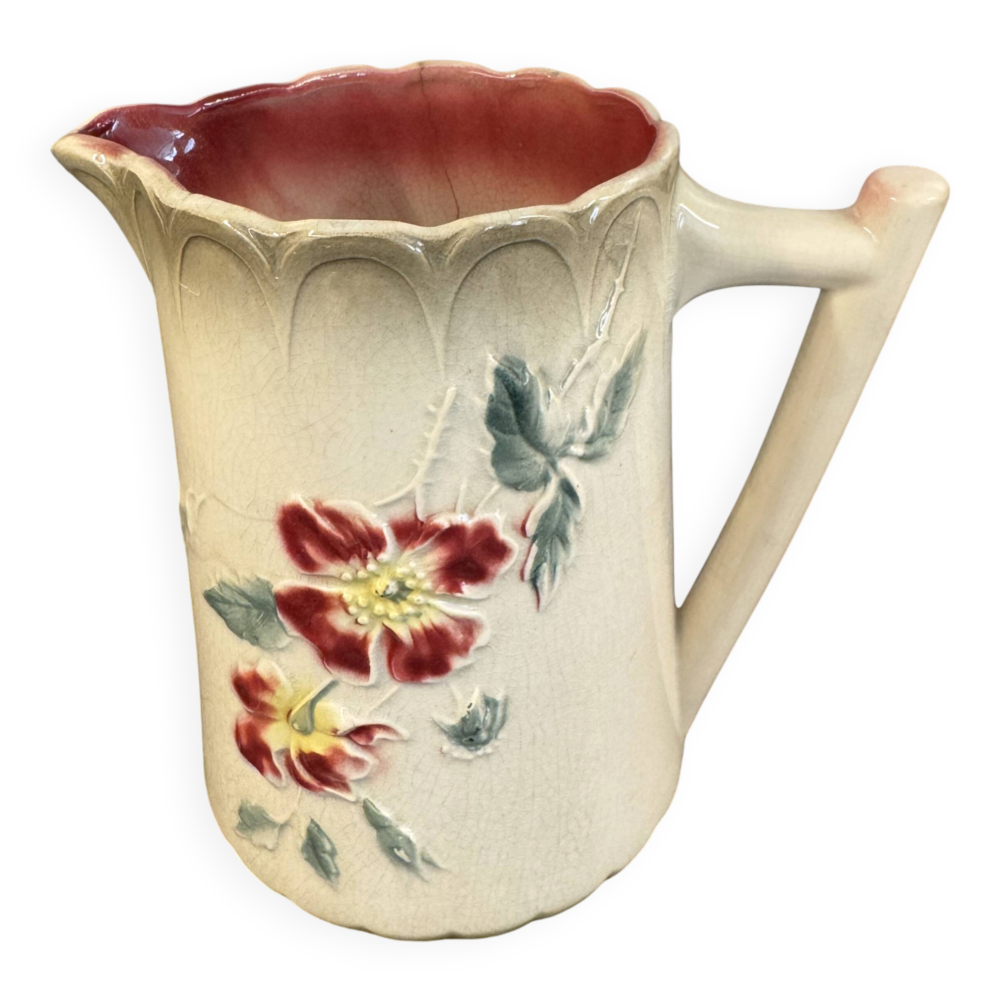 Antique pitcher in slipware with floral decoration – red and cream floral design