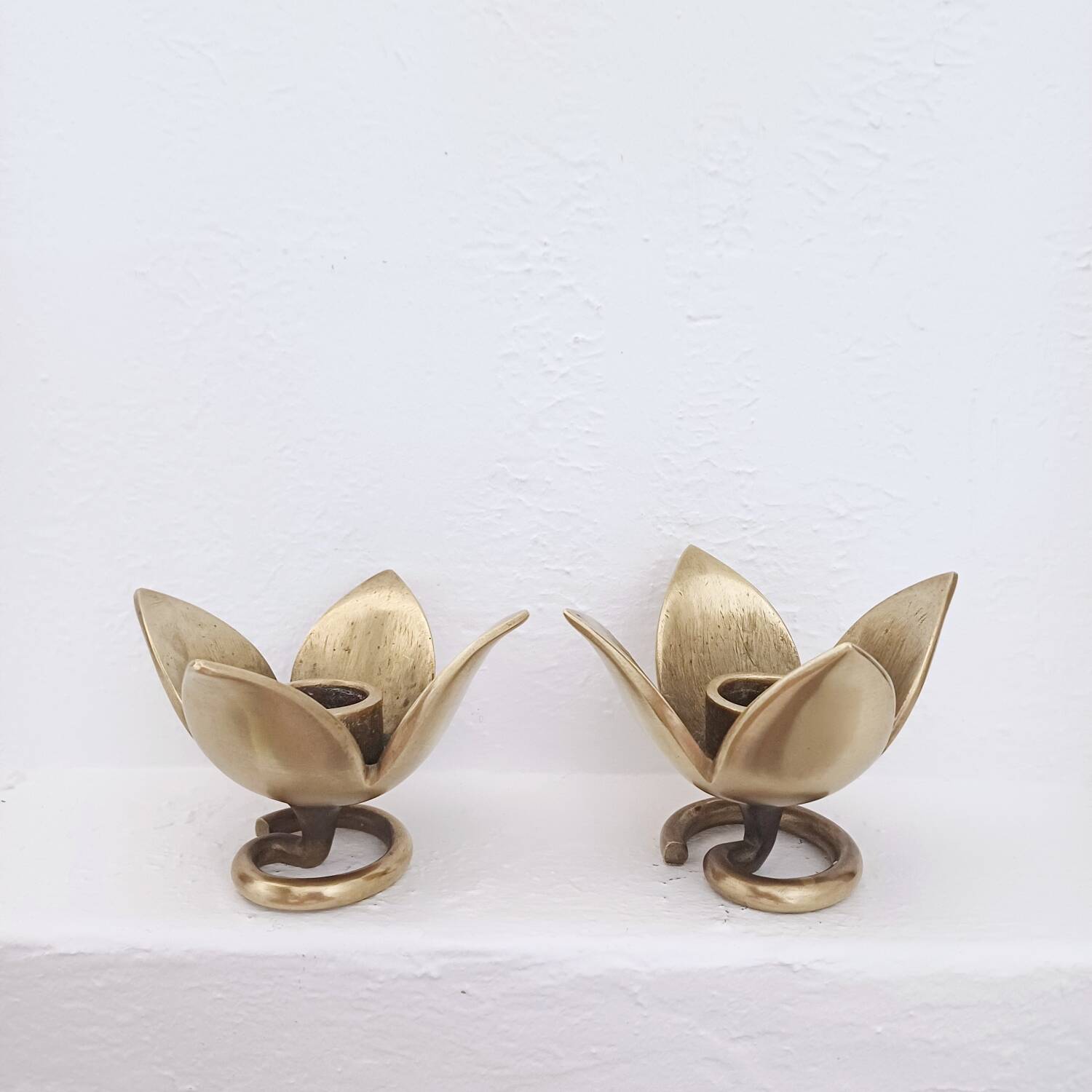 Pair of Solid Brass Tulip Candle Holders – Handcrafted 1970s