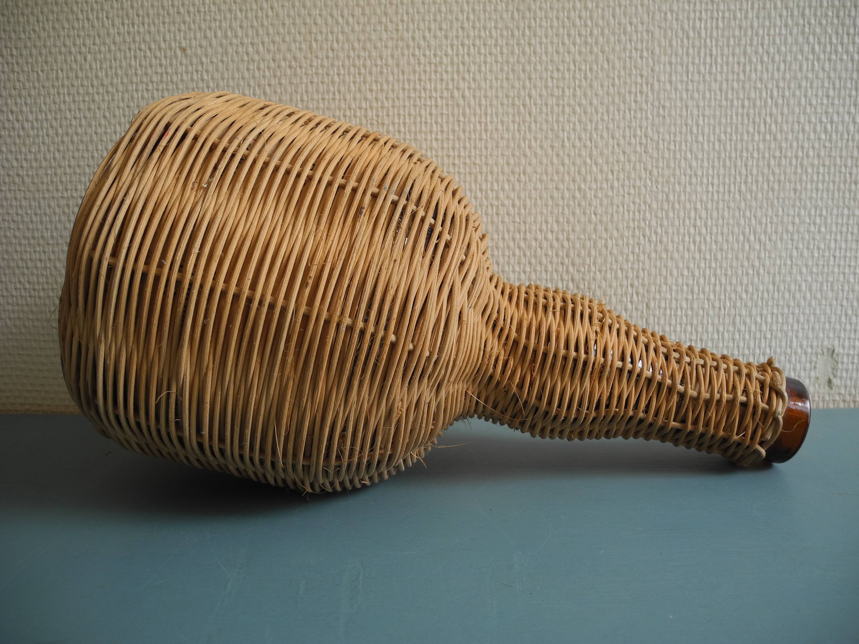 old amber glass bottle VB wicker vintage deco glass bottle wicker