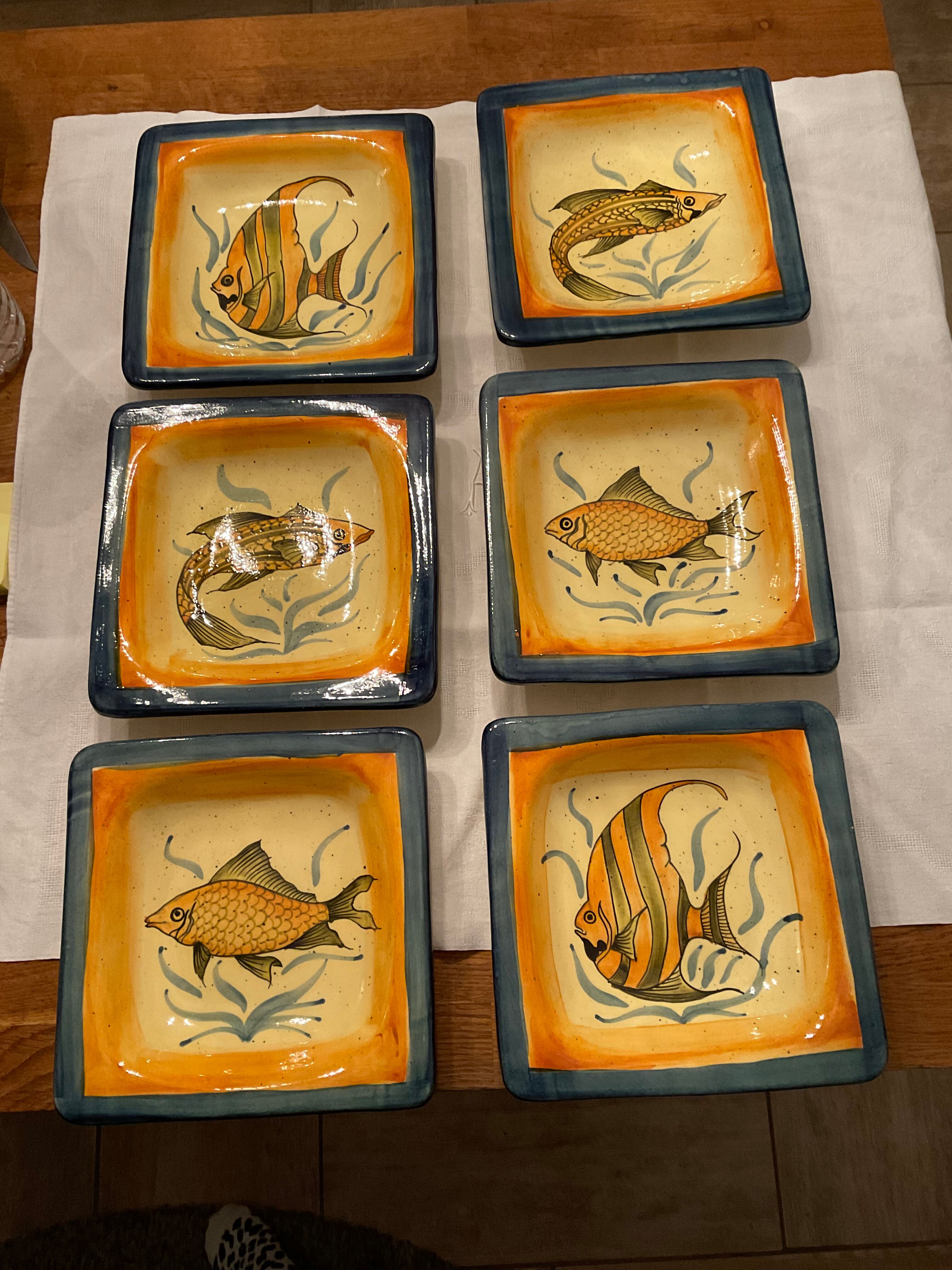 Set 6 hollow plates, glazed terracotta, France