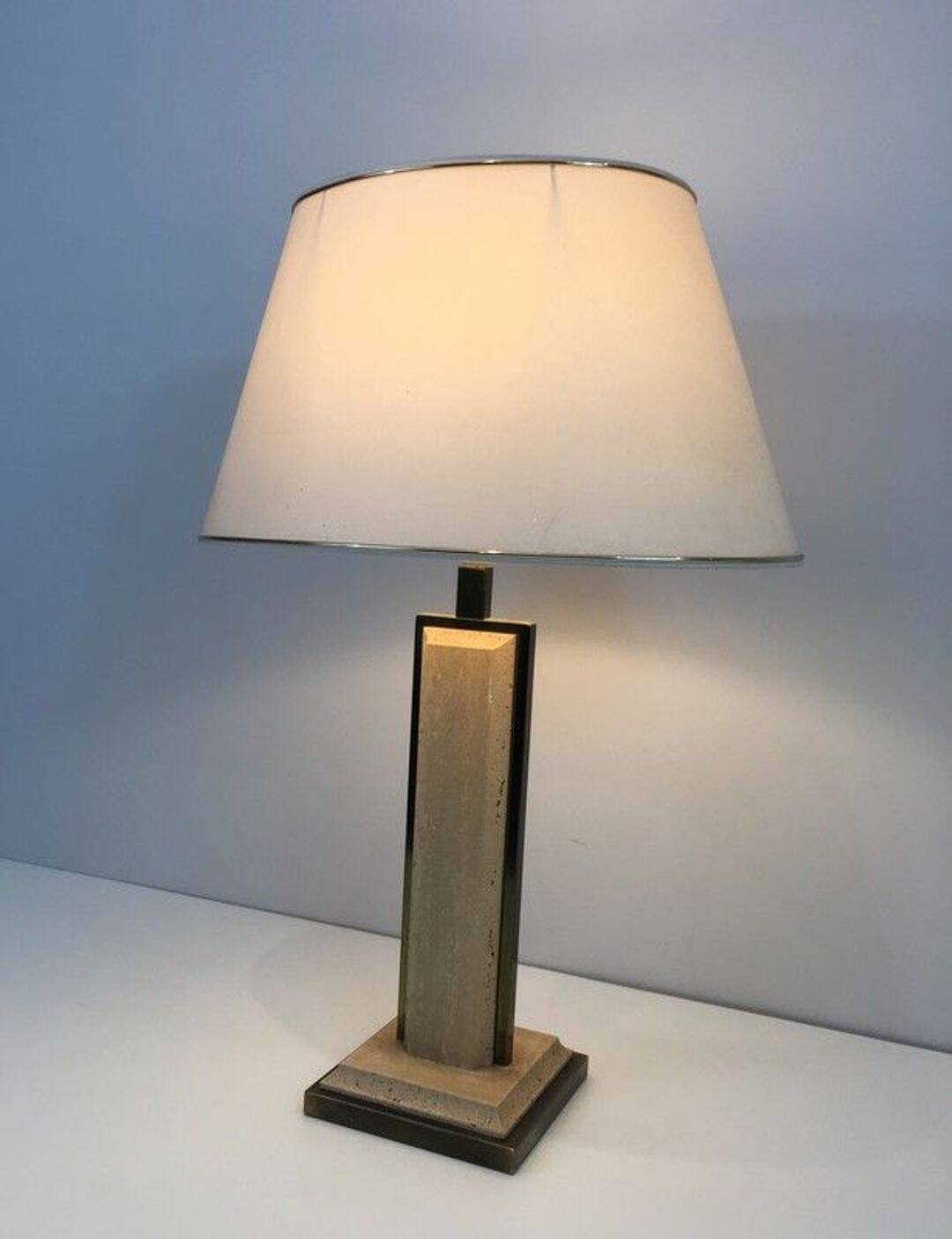 Table Lamp in Travertine and Gold Chrome, French Work, circa 1970