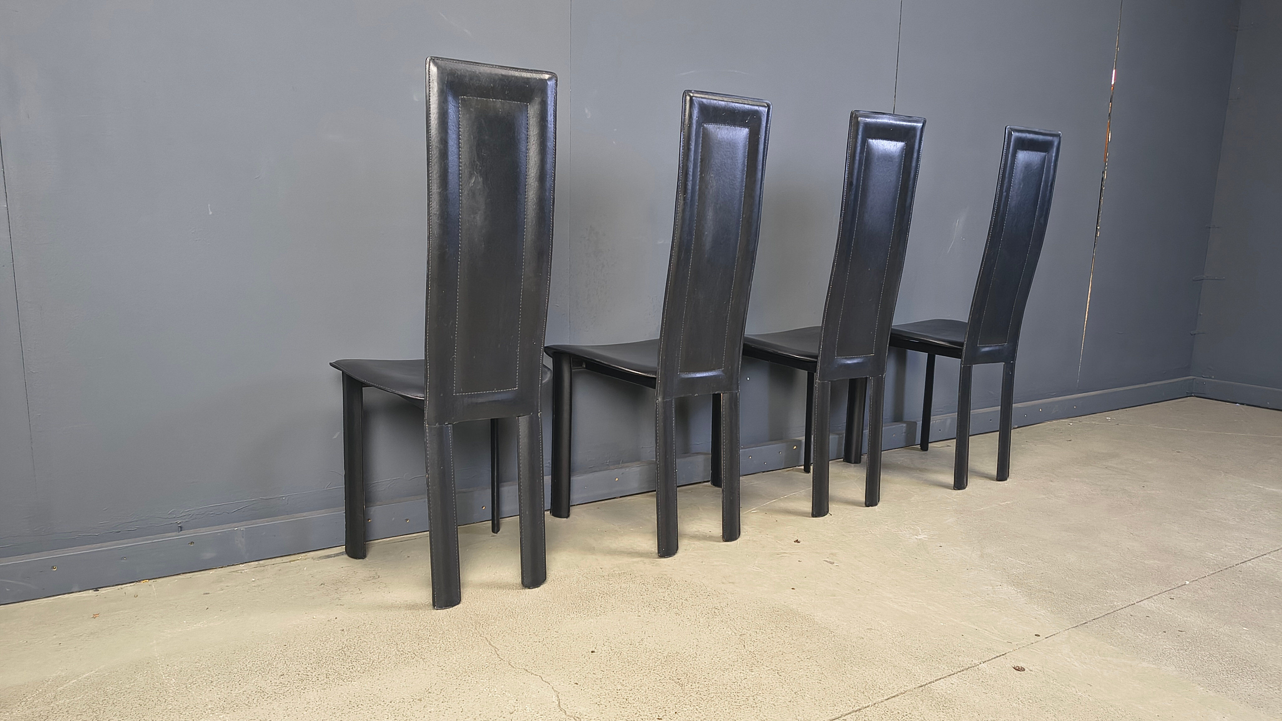Vintage black leather dining chairs, set of 4, 1980s