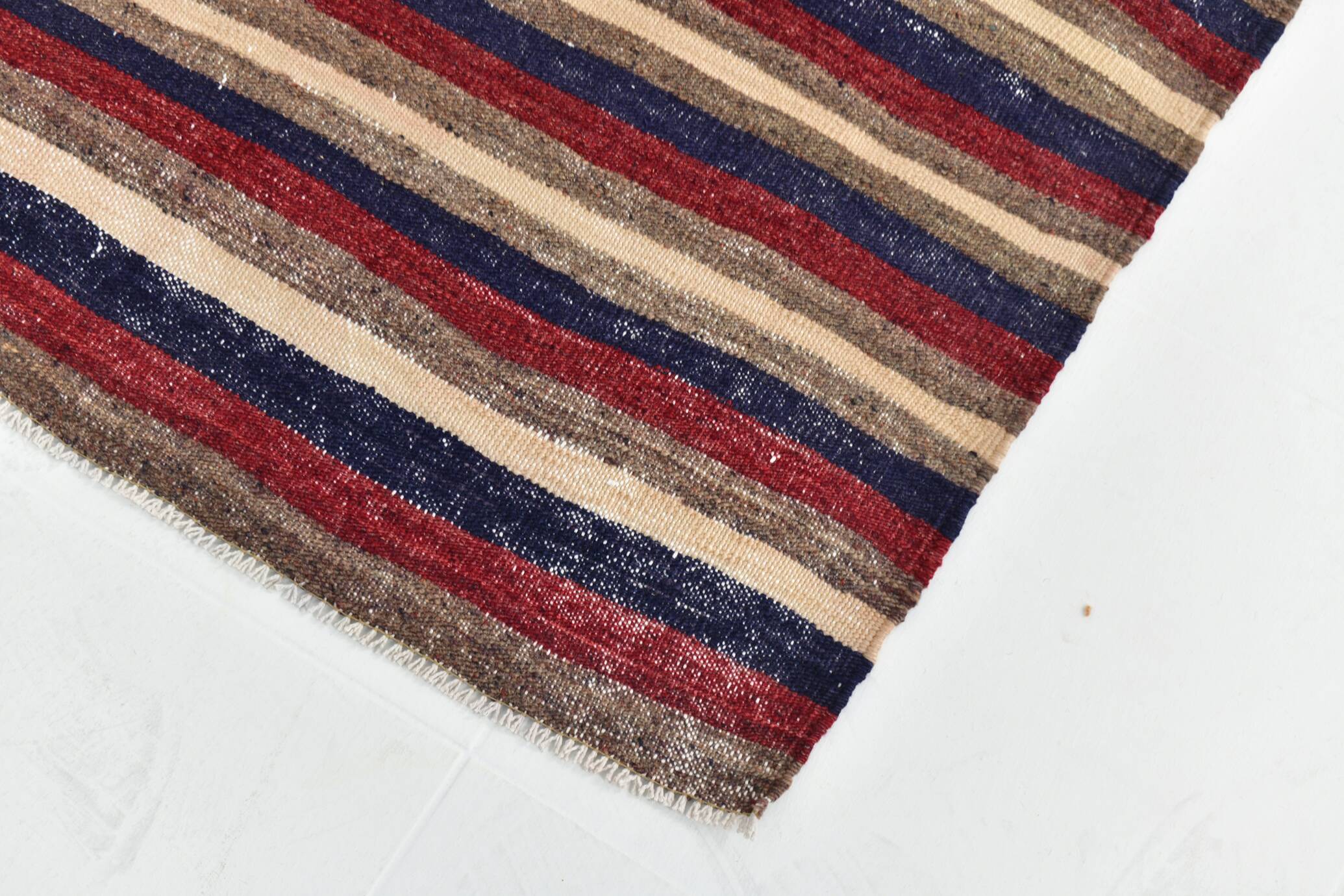 4x9 Red & Navy Blue Pinstriped Pattern Turkish Kilim Rug, 136x284Cm