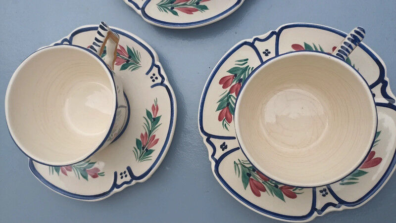 3 cups and 3 numbered Henriot Quimper earthenware saucers