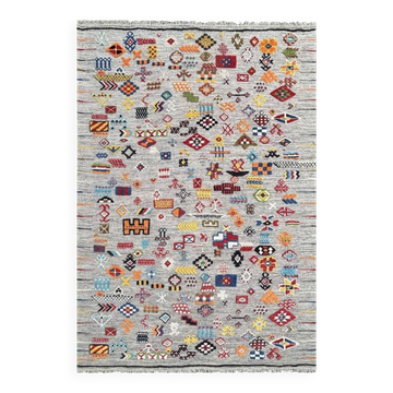 Tapis en laine 100 % noué à la main multicolore. Tapis géométrique gris. Kilim tribal tissé à la main.
