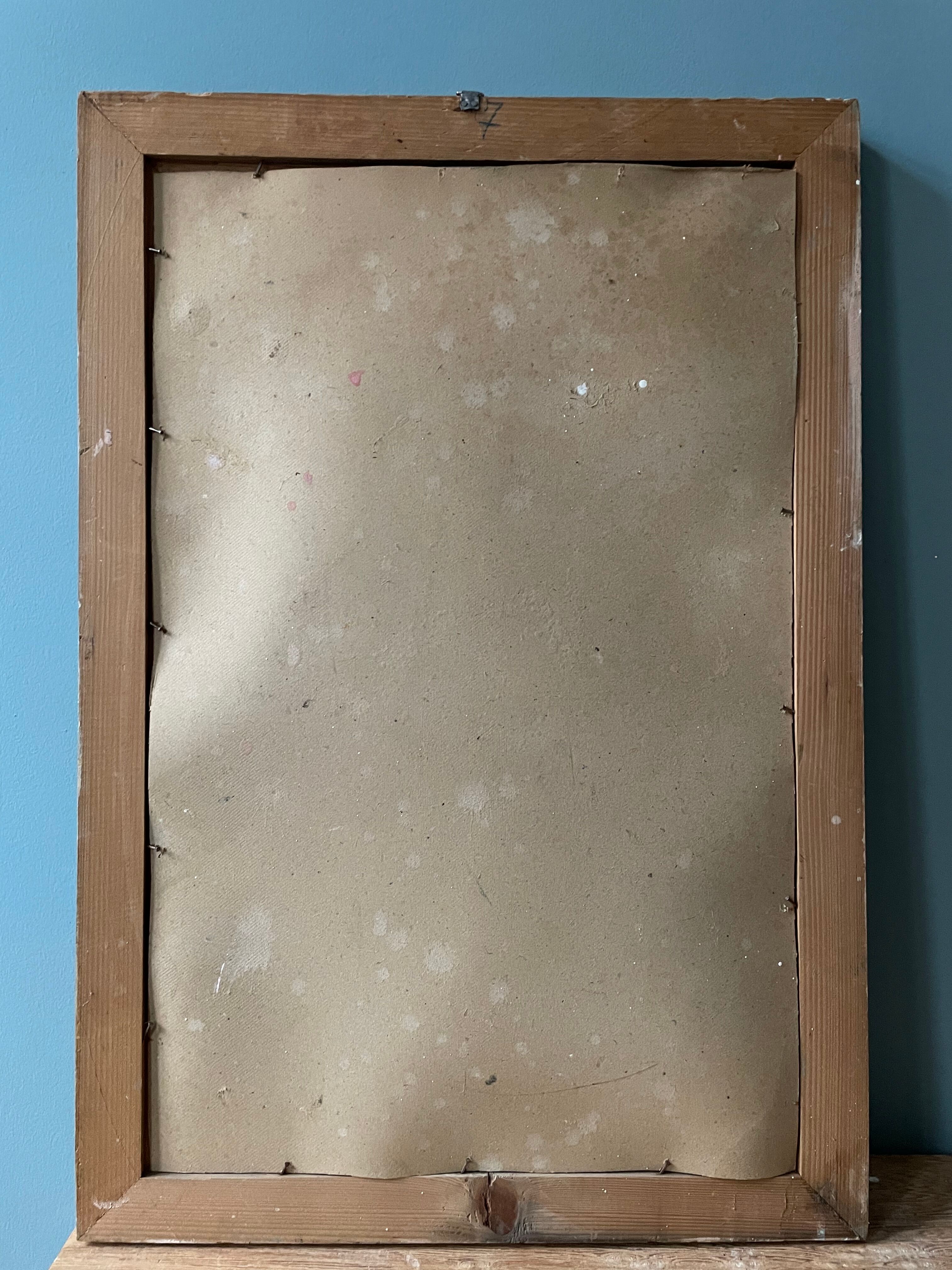Old signed painting, drawing in bold pencil on cardboard