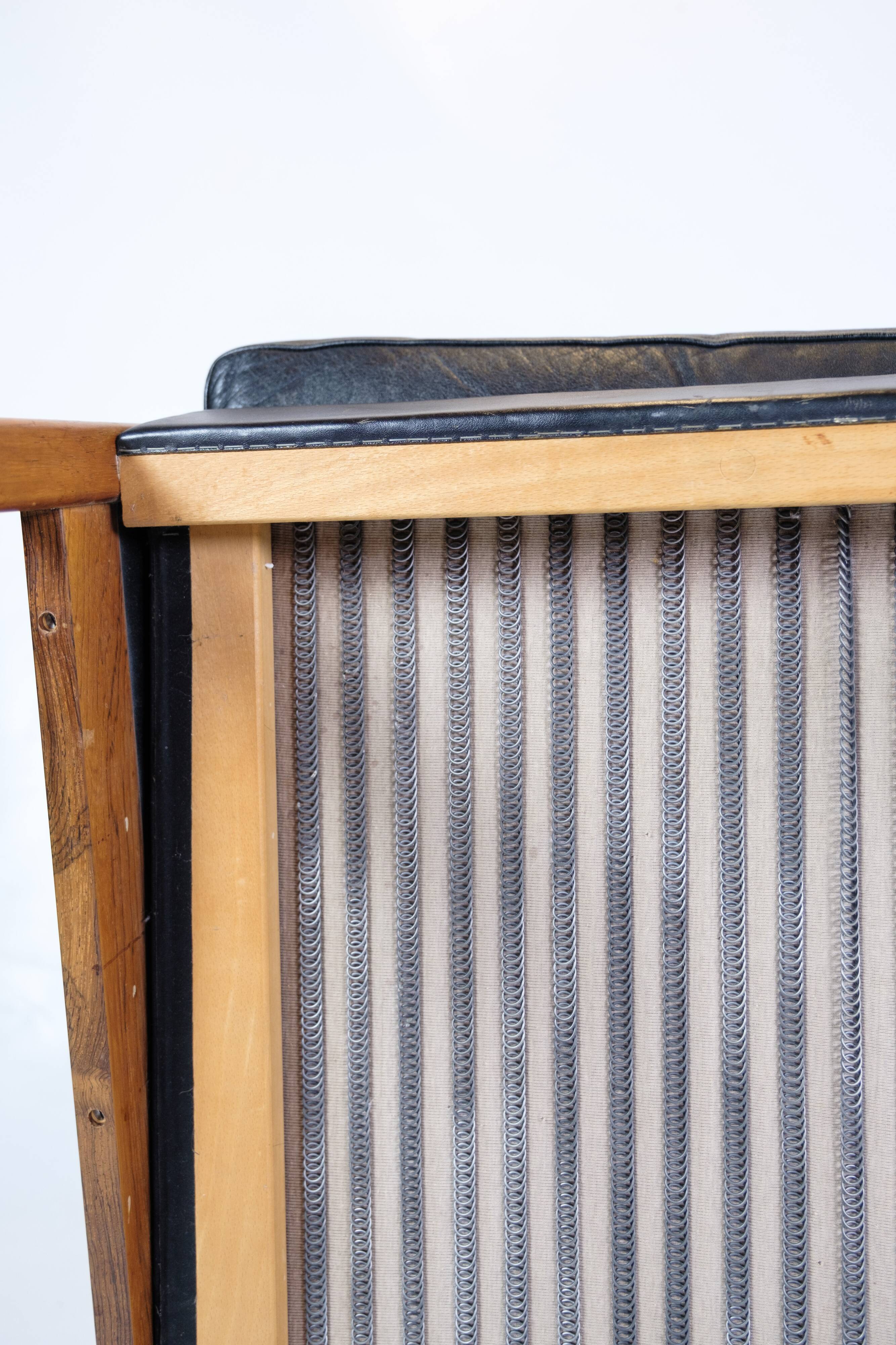 Armchair Made In Rosewood & Black Leather Cushions By Hans Olsen From 1960s