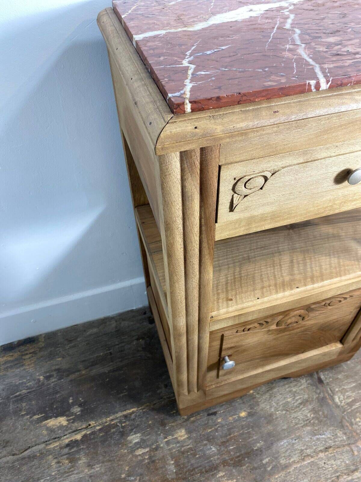 Provincial antique bedside table in walnut, with a red marble top.