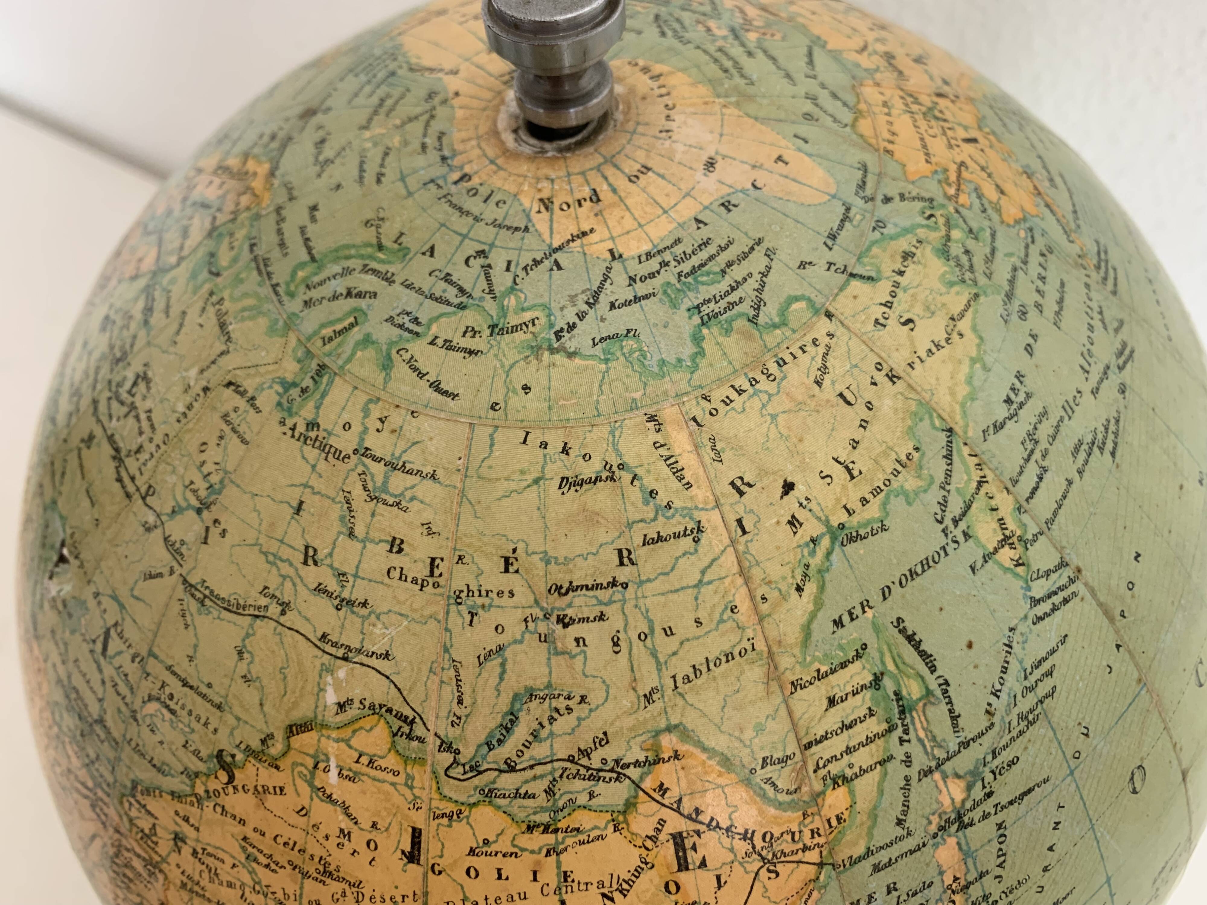 Vintage 1900 terrestrial globe by Bertaux and Thomas in plaster