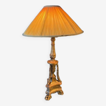 Lampe ancienne en bois sculpté doré, tripode, Napoleon III, XIXème