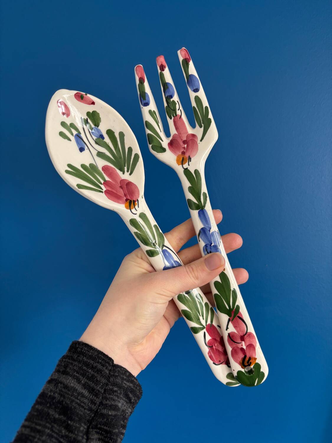 floral ceramic cutlery - vintage kitchen wall decor - set of
